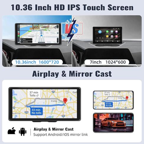 10.36 Inch Portable Car Stereo Full HD Touchscreen CarPlay Screen Support Wireless CarPlay Android Auto Bluetooth Hands-Free Backup Camera 64G Card Support Mirror Link, FM, GPS, Aux Input in Saudi Arabia
