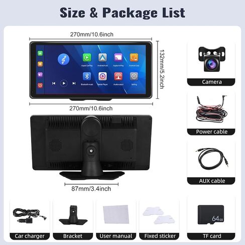 10.36 Inch Portable Car Stereo Full HD Touchscreen CarPlay Screen Support Wireless CarPlay Android Auto Bluetooth Hands-Free Backup Camera 64G Card Support Mirror Link, FM, GPS, Aux Input in Saudi Arabia