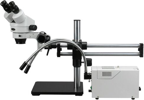 AmScope SM-5BZ-FOD Professional Binocular Stereo Zoom Microscope, WH10x Eyepieces, 3.5X-90X Magnification, 0.7X-4.5X Zoom Objective, Dual-Gooseneck Fiber-Optic Light, Ball-Bearing Double-Arm Boom Stand, 110V-120V, Includes 0.5X and 2.0X Barlow Lenses in Saudi Arabia