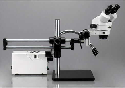 AmScope SM-5BZ-FOD Professional Binocular Stereo Zoom Microscope, WH10x Eyepieces, 3.5X-90X Magnification, 0.7X-4.5X Zoom Objective, Dual-Gooseneck Fiber-Optic Light, Ball-Bearing Double-Arm Boom Stand, 110V-120V, Includes 0.5X and 2.0X Barlow Lenses in Saudi Arabia