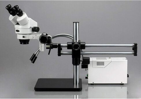 AmScope SM-5BZ-FOD Professional Binocular Stereo Zoom Microscope, WH10x Eyepieces, 3.5X-90X Magnification, 0.7X-4.5X Zoom Objective, Dual-Gooseneck Fiber-Optic Light, Ball-Bearing Double-Arm Boom Stand, 110V-120V, Includes 0.5X and 2.0X Barlow Lenses in Saudi Arabia