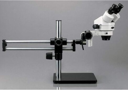 AmScope SM-5BZ-FOD Professional Binocular Stereo Zoom Microscope, WH10x Eyepieces, 3.5X-90X Magnification, 0.7X-4.5X Zoom Objective, Dual-Gooseneck Fiber-Optic Light, Ball-Bearing Double-Arm Boom Stand, 110V-120V, Includes 0.5X and 2.0X Barlow Lenses in Saudi Arabia