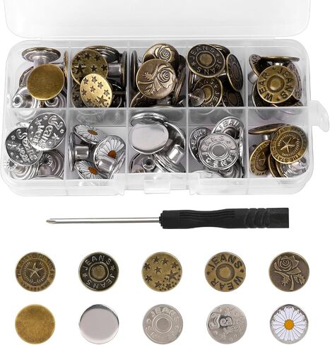 50 Pcs Buttons for Pants No Sew Buttons Replacement Jeans Buttons Metal for Loose Jeans Removable Instant Metal Buttons Instant Adjustable Metal Snap Denim Buttons Replacement Kit for Pants Jeans in Saudi Arabia