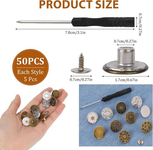 50 Pcs Buttons for Pants No Sew Buttons Replacement Jeans Buttons Metal for Loose Jeans Removable Instant Metal Buttons Instant Adjustable Metal Snap Denim Buttons Replacement Kit for Pants Jeans in Saudi Arabia