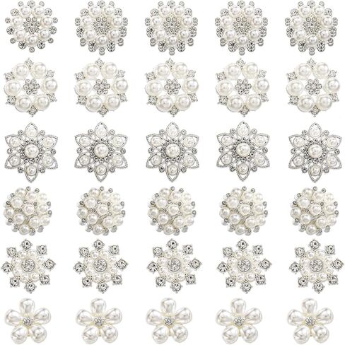 Frcctre 30 Pack Pearl Rhinestone Buttons, 6 Styles Embellishments Button Faux Pearl Button, Flat Back Flower Crystal Buttons for DIY Craft Jewelry Making Wedding Bridal Bouquet Party Home Decoration in Saudi Arabia