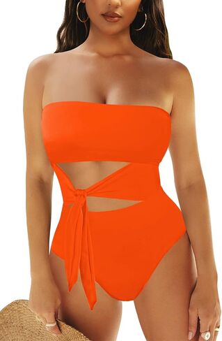 LaSuiveur Women's Strapless One Piece Swimsuit Tie Waist Cutout Bathing Suit Back Sexy Monokini Swimwear in Saudi Arabia