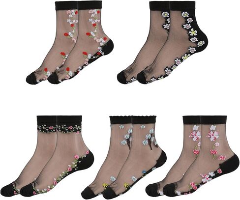 5 Pairs Women Floral Sheer Sock Transparent Mesh Socks Ultra-thin Lace Socks See Through Ankle Socks Casual Crew Sock in Saudi Arabia