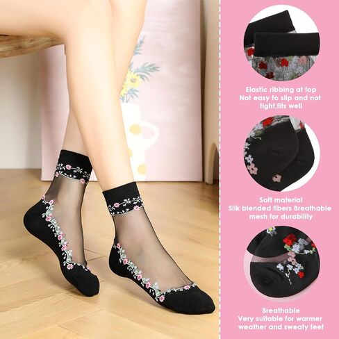 5 Pairs Women Floral Sheer Sock Transparent Mesh Socks Ultra-thin Lace Socks See Through Ankle Socks Casual Crew Sock in Saudi Arabia