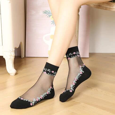 5 Pairs Women Floral Sheer Sock Transparent Mesh Socks Ultra-thin Lace Socks See Through Ankle Socks Casual Crew Sock in Saudi Arabia