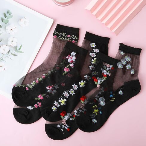 5 Pairs Women Floral Sheer Sock Transparent Mesh Socks Ultra-thin Lace Socks See Through Ankle Socks Casual Crew Sock in Saudi Arabia