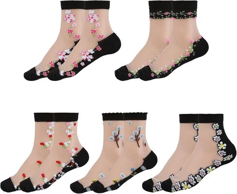 5 Pairs Women Floral Sheer Sock Transparent Mesh Socks Ultra-thin Lace Socks See Through Ankle Socks Casual Crew Sock in Saudi Arabia