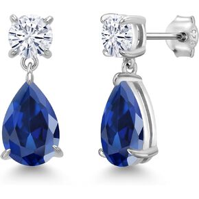 Gem Stone King 925 Sterling Silver Blue Created Sapphire and White Moissanite Teardrop Dangle Drop Earrings For Women (8.74 Cttw, Pear Shape 12x8MM, Round 6MM)