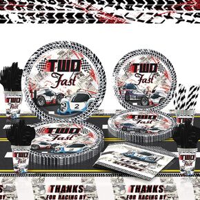 Mpanwen Two Fast Party Supplies for 2 Year Old Boy, 202 Pcs Race Car Party Decorations for Boys Baby - Table Cover, Plates, Cups, Napkins, Utensils, Serves 25 Guests