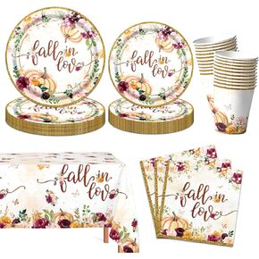 Fall in Love Bridal Shower Decorations,Fall Floral Pumpkin Disposable Tableware Set Includes Fall Dinner Plate,Tablecloths,Cup for Bridal Shower,Anniversary,Wedding Decorations