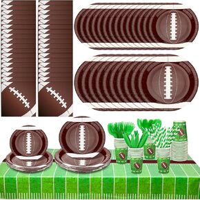 226 Pcs Football Party Supplies Kit Includes Football Napkins Plates Football Table cloth Cups Straw Plastic Spoons Fork Knives for Football Birthday Party Decorations Gameday Tailgate Party Decor
