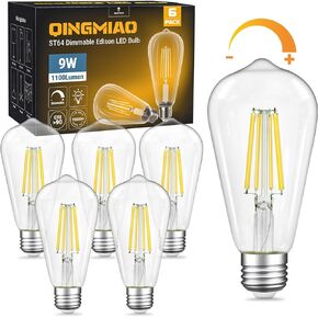 مصابيح إديسون LED قابلة للتعتيم بقدرة 4 وات (ما يعادل 40 وات) 400 لومن، 3000 كلفن أبيض ناعم، مصابيح إضاءة LED بقاعدة ST64 E26، لمبة خيوط LED من الزجاج الشفاف العتيق لمصباح المنزل، وشمعدان الحائط، والثريا، 6 عبوات