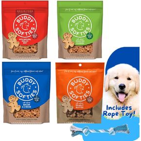 Buddy Biscuits Dog Treats Variety Pack - 6oz Buddy Softies Includes Chicken, Bacon & Cheese, Peanut Butter & 5oz Grain Free Grilled Beef - Buddy Dog Treats With Dog Toy Rope - Softies Dog Treats