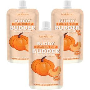 BUDDY BUDDER 3 Pack Pumpkin Pup Squeeze Packs, 100% Natural Dog Peanut Butter, Healthy Peanut Butter Dog Treats, Made in USA, (4oz packs)