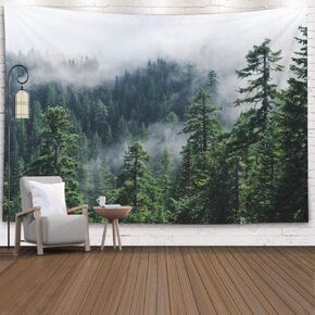 Crannel Tapestries,Fog Mountain Forest Misty View from Larch Mount Usa Pacific N Tapestry 80X60 Inches Wall Art Tapestries Hanging for Dorm Room Living Home Decorative,Turquoise Peach