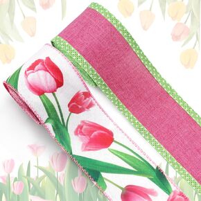 2 Rolls Spring Craft Ribbons for Wreath Bows, 2.5"×10 Yards Wired Edge Ribbons White Pink Burlap Ribbon Tulips Flowers Wired Ribbons for Crafting Sewing DIY Crafts Supplies