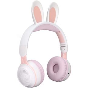 Foldable Bluetooth 5.0 Headphones with Microphone Cute Rabbit Ear Over Ear Headphones for Green Kids Teens Adults, 12 Hours of Listening Time, TF/Aux, Built in 7