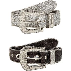 Rhinestone Belt for Women Men 2 Pack, Western Belt Diamond Studded Buckle Cowgirl Cowboy Bling Leather Belt for Jeans