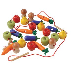 Constructive Playthings Kids Wooden Fruits and Vegetables with Lacers, 26 pcs., Multicolor