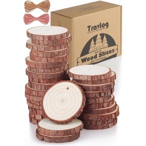 Unfinished Wood Slices with Hole, Natural Wood Circles Blank with Bark for DIY Crafts, Home Decor, Christmas Ornament (30Pcs, 3.1-3.5 Inch)