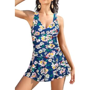 SHEKINI Women's Back Crisscross Swimdress Tummy Control One Piece Skirt Swimsuit