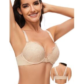 YANDW Racerback Front Closure Lace Bras for Women, Lightly Padded Push Up Everyday T Shirt Bras, Unlined Plunge