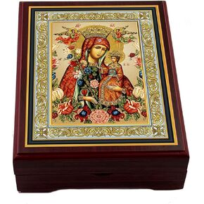 Needzo Rosary Box Madonna Icon Box Virgin Mary Crowned Box for Prayer Beads Jewelry Crowned Madonna and Christ Wooden Keepsake Holder, 5 Inch Religious Gift