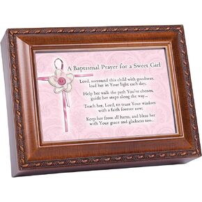 Cottage Garden Baptismal Prayer Keep Her from Harm Woodgrain Rope Trim Jewelry Music Box Plays Jesus Loves Me