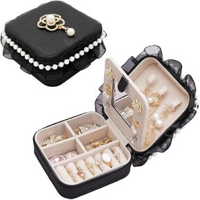 Wonhibo Cute Travel Small Jewelry Case Box with Mirror for Girls Women, Flower Blue Mini Necklace Ring Earrings Organizer with Lace