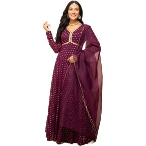 Women's Wine Georgette Printed Gown with Dupatta