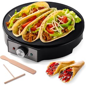 Crepe Maker 12'', Electric Crepe Maker & Griddle, Non-Stick Crepe Pan, Crepe Machine with Crepe Spreader, Perfect for Crepes Roti, Tortilla, Blintzes, Pancakes, Adjustable Temperature, 1000W