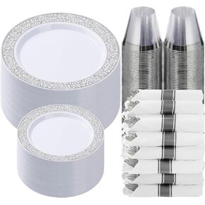 Goodluck 350 Piece Gold Plastic Dinnerware Set for 50 Guests, Disposable Lace Plates for Party, Include: 50 Gold Plates, 50 Dessert Plates Disposable, 50 Pre Napkins with Silverware, 50 Cups