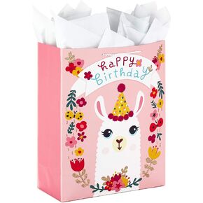 Hallmark 15" Extra Large Gift Bag with Tissue Paper for Birthdays (Llama and Flowers)