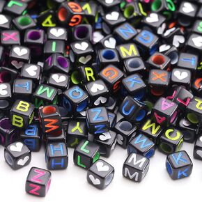 1000 Pcs Bulk Black Square Acrylic Alphabet Beads 6 * 6mm Colored Heart Beads Letter Cube Beads Square Loose A-Z Beads for Bead Making Art Craft Weaving DIY Bracelets(B/W)