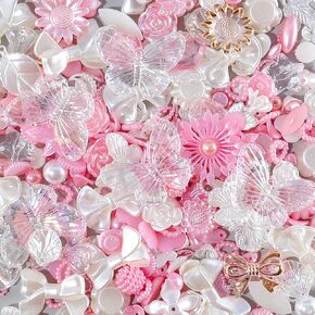 250PCS 3D Flatback Beads - Assorted Pink White Flower Bows Butterfly & Pearl Beads for Jewelry Making, DIY Crafts
