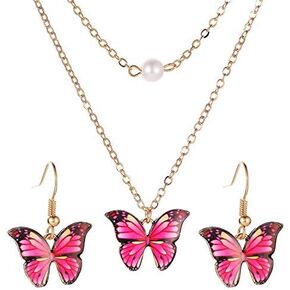 Bohemia Butterfly Necklace Set Colorful Acrylic Butterfly Pearl Multi layer Pendant Necklace Sets Little Butterfly Cute Delicate Jewelry for Women Girls Chain Pendant Necklace Set