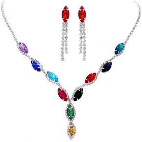 Colorful Rhinestone Necklace Jewelry Earrings Set Bride Wedding Necklace Sets Sparkly Crystal Costume Jewelry for Women