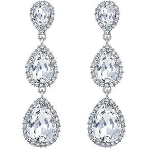 Women's Silver-tone Austrian Crystal Teardrop Pear Shape Long Earrings for Wedding Bridal Briesmaids