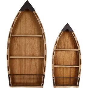 Veclotch 2set Wooden Boat Decor Hanging Wood Boat Decor for Wall, Rustic Nautical Standing Boat Shelf Decor Beach Theme Display Boat with Shelves for Bathroom Bedroom Lake House Decor (with 3 Tiers)