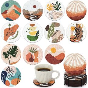 Gejoy 12 Pcs Diamond Painting Coasters with Holder DIY Abstract Diamond Painting Kits DIY Diamond Art Coasters for Beginners Adults Kids Craft Supplies Birthday Presents
