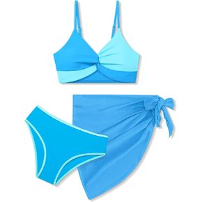 Girls Swimsuit, Girls Bathing Suits 3 Piece V-Neck Twist Cross Bikini Set with Cover Up Skirt Girls' Swimwear 7-16T