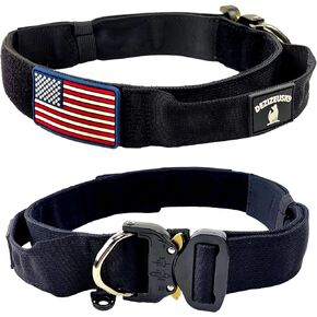 Tactical Dog Collar with Handle - 1.5 Inch Thick Heavy Duty Nylon, Military Style Metal Quick Release Buckle & Integrated D-Ring, for Medium & Large Dogs – Includes USA Flag On Customizable Name Plate
