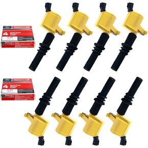 MAS Set of 8 Yellow Straight Boot Ignition Coils Pack DG511 & Motorcraft Platinum Spark Plugs SP515 SP546 Compatible with Ford F150 F250 Lincoln Navigator Replacement for 3L3E12A366CA C1541 FD508