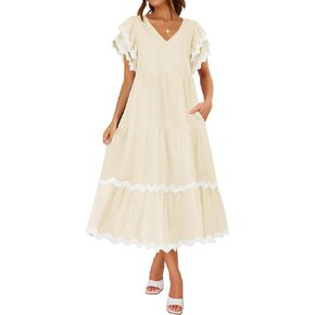 ZESICA Womens 2024 Summer Casual Midi Dresses V Neck Flutter Short Sleeve Ruffle Tiered A Line Flowy Beach Long Dress
