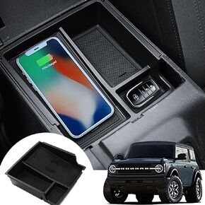 منظم وحدة التحكم المركزية متوافق مع ملحقات Ford Bronco 2021 2022 2023 2/4 باب، صندوق تخزين مسند الذراع، صينية تنظيم وحدة التحكم المركزية للشاحن اللاسلكي، حامل هاتف داخلي in Saudi Arabia