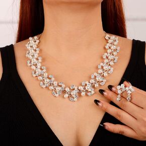 Pearl Bride Wedding Jewelry Set Crystal Bridal Necklace Earrings Sets Rhinestone Choker Necklace Prom Costume Jewelry Set for Women and Girls in Saudi Arabia